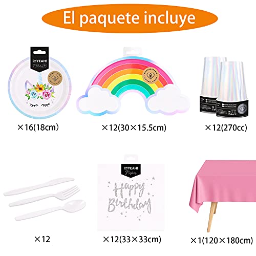 Vajilla Desechable Cartón para Fiesta Cumpleaños de Niña y Adulto-Incluye Platos Unicornio,Platos Arcoíris,Vaso Iridiscente,Servilleta,Cubierto Reutilizable y Mantel–Biodegradable y Reciclable