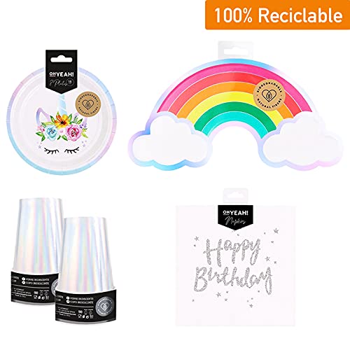 Vajilla Desechable Cartón para Fiesta Cumpleaños de Niña y Adulto-Incluye Platos Unicornio,Platos Arcoíris,Vaso Iridiscente,Servilleta,Cubierto Reutilizable y Mantel–Biodegradable y Reciclable