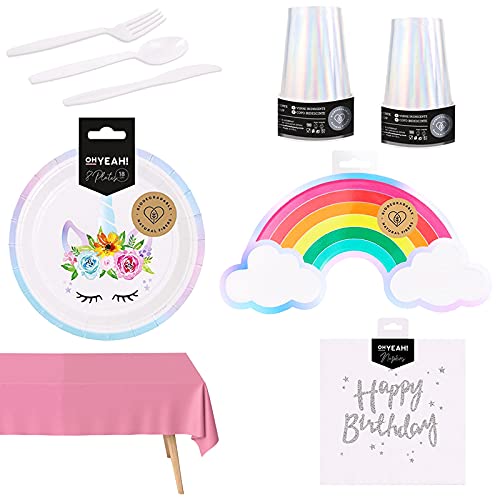 Vajilla Desechable Cartón para Fiesta Cumpleaños de Niña y Adulto-Incluye Platos Unicornio,Platos Arcoíris,Vaso Iridiscente,Servilleta,Cubierto Reutilizable y Mantel–Biodegradable y Reciclable