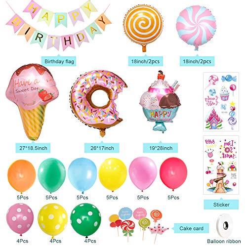 weeyin Decoraciones fiesta Cumpleaños Candyland,Fiesta de cumpleaños decoracion con pancarta de feliz cumpleaños Caramelo Donut Helado Globo De Aluminio para Niñas Niños Fiestas Infantiles Decoracion