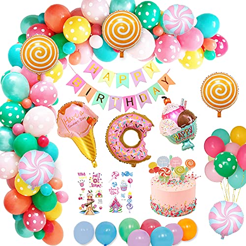 weeyin Decoraciones fiesta Cumpleaños Candyland,Fiesta de cumpleaños decoracion con pancarta de feliz cumpleaños Caramelo Donut Helado Globo De Aluminio para Niñas Niños Fiestas Infantiles Decoracion