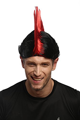 WIG ME UP- XR-012-P103/PC13 Peluca Carnaval Halloween Wave Punk roquero Cresta Mohawk 80s Negro Rojo