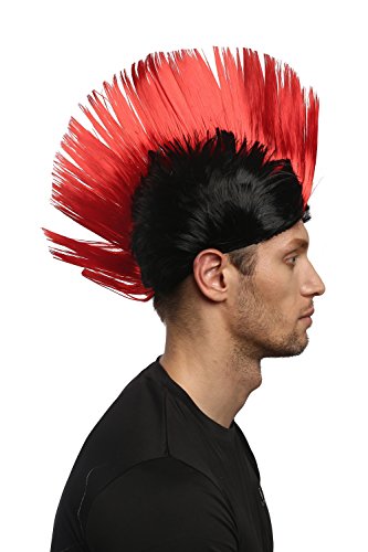 WIG ME UP- XR-012-P103/PC13 Peluca Carnaval Halloween Wave Punk roquero Cresta Mohawk 80s Negro Rojo