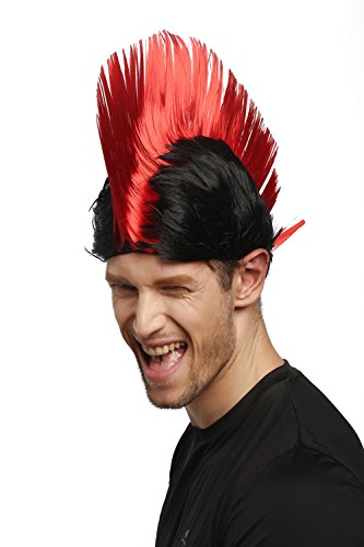 WIG ME UP- XR-012-P103/PC13 Peluca Carnaval Halloween Wave Punk roquero Cresta Mohawk 80s Negro Rojo