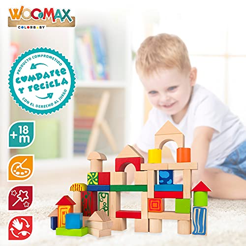 WOOMAX - Piezas madera construcción niños, Bloques construcción madera, 50 piezas madera, madera 100% sostenible y biodegradable, Juegos de construcción, +18 meses (40994)