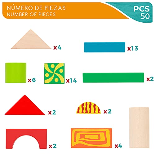 WOOMAX - Piezas madera construcción niños, Bloques construcción madera, 50 piezas madera, madera 100% sostenible y biodegradable, Juegos de construcción, +18 meses (40994)