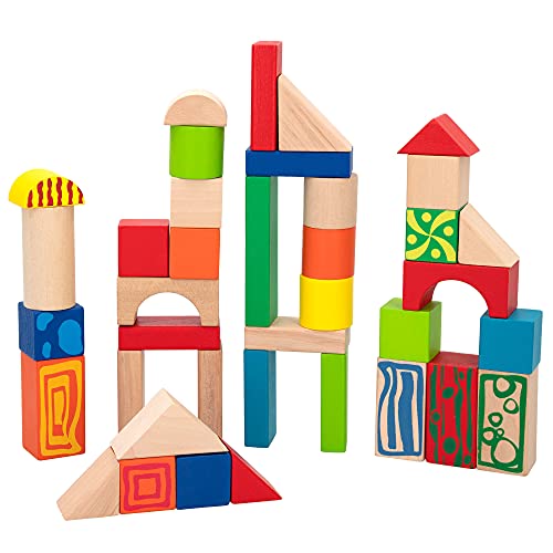 WOOMAX - Piezas madera construcción niños, Bloques construcción madera, 50 piezas madera, madera 100% sostenible y biodegradable, Juegos de construcción, +18 meses (40994)