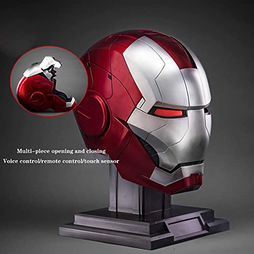 WXHJM 1: 1 El Casco Electrónico Iron Man con Base,Casco Iron Man con Luces Ojos,Puede Usar Máscara Accesorios Película Superhéroe Regalo para Niños,Máscara Apertura y Cierre A