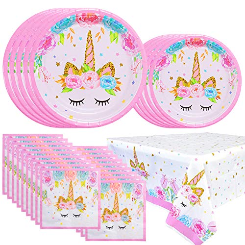 YANGTE Vajilla Unicornio Platos de Papel Servilletas y Manteles, Suministros de Fiesta de Cumpleaños con Temática de Unicornio para niñas Niños Baby Shower Servir 16 Invitados