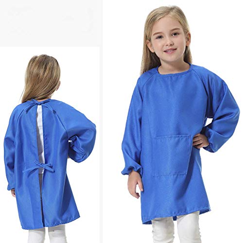 Yongan Infantil Pintura Delantal, Impermeable Manga Larga Arte Batas con Bolsillo Delantero para Cocina y Aula para 5-16 Años - Azul Oscuro, XL(12-16y)