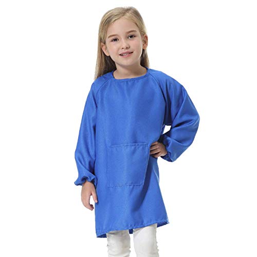 Yongan Infantil Pintura Delantal, Impermeable Manga Larga Arte Batas con Bolsillo Delantero para Cocina y Aula para 5-16 Años - Azul Oscuro, XL(12-16y)