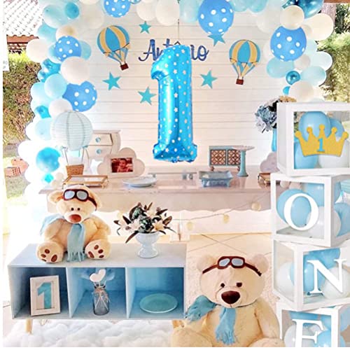 1 año Niño Cumpleaños Decoración Azules, Globos de Cumpleaños 1 año Niño, Feliz Cumpleaños Globo Número 1, Globos de Confeti y Globos de Blanco Azules 1 Años Niño Bebe Primera Fiesta de Cumpleaño