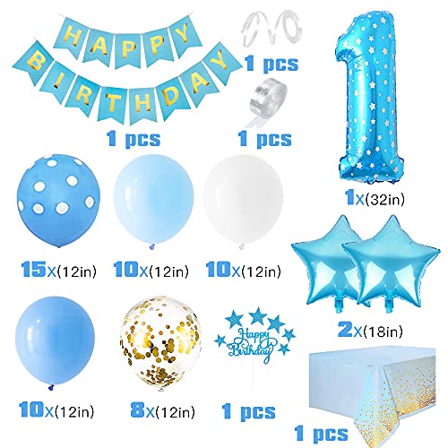 1 año Niño Cumpleaños Decoración Azules, Globos de Cumpleaños 1 año Niño, Feliz Cumpleaños Globo Número 1, Globos de Confeti y Globos de Blanco Azules 1 Años Niño Bebe Primera Fiesta de Cumpleaño