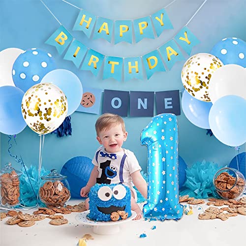 1 año Niño Cumpleaños Decoración Azules, Globos de Cumpleaños 1 año Niño, Feliz Cumpleaños Globo Número 1, Globos de Confeti y Globos de Blanco Azules 1 Años Niño Bebe Primera Fiesta de Cumpleaño