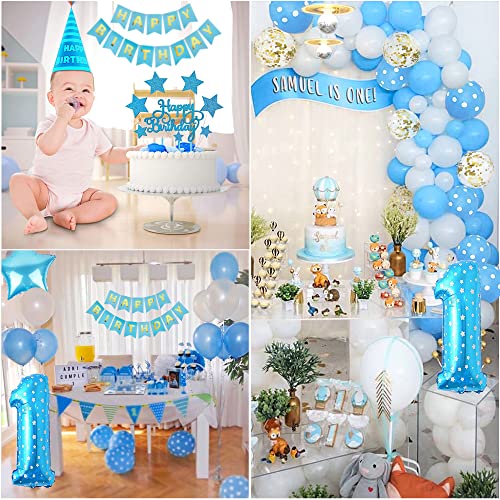 1 año Niño Cumpleaños Decoración Azules, Globos de Cumpleaños 1 año Niño, Feliz Cumpleaños Globo Número 1, Globos de Confeti y Globos de Blanco Azules 1 Años Niño Bebe Primera Fiesta de Cumpleaño