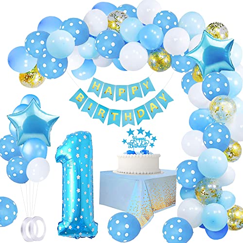 1 año Niño Cumpleaños Decoración Azules, Globos de Cumpleaños 1 año Niño, Feliz Cumpleaños Globo Número 1, Globos de Confeti y Globos de Blanco Azules 1 Años Niño Bebe Primera Fiesta de Cumpleaño