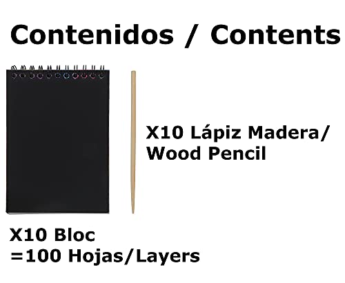 10 Bloc cuaderno de dibujo papel rascar scratch art, total 100 hojas incluye 10 lápices de madera. Dibujo aircoiris multicolor