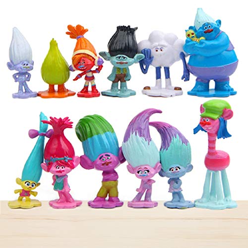 12 Piezas Trolls Cake Topper Hanel-Trolls Mini Juego de Figuras Baby Shower Fiesta de cumpleaños Pastel Decoración Suministros