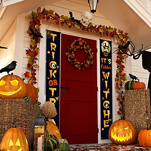 2 Decoraciones de Porche de Puerta de Halloween Letrero de Puerta de Trick Or Treat Banner de Puerta de Entrada de Halloween Decoración de Porche de Brujas Banner Colgante de Halloween