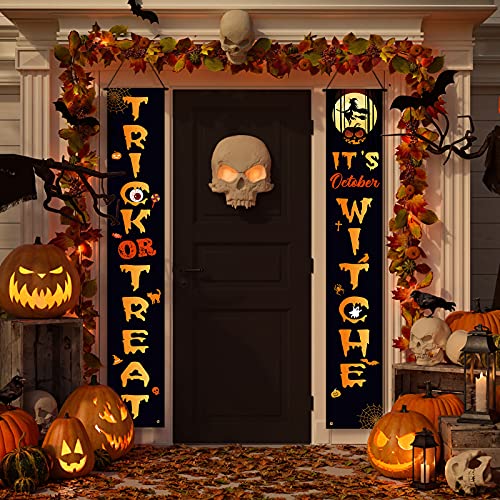 2 Decoraciones de Porche de Puerta de Halloween Letrero de Puerta de Trick Or Treat Banner de Puerta de Entrada de Halloween Decoración de Porche de Brujas Banner Colgante de Halloween