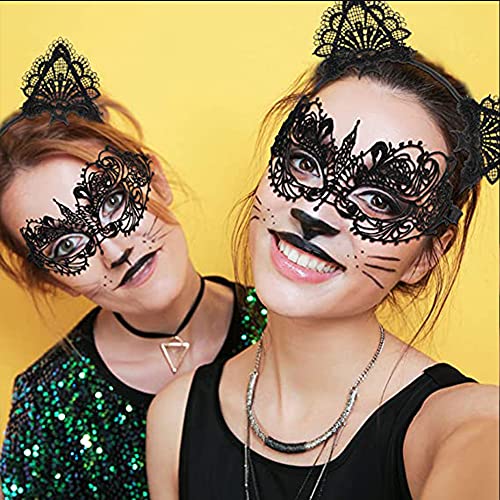 2 Piezas Máscara de Mujer de Mascarada, Máscara de Mascarada Negra, Máscara de Disfraces de Halloween Sexy, Máscara de Encaje, Diadema de Orejas de Gato de Encaje para Halloween, Fiesta de Disfraces