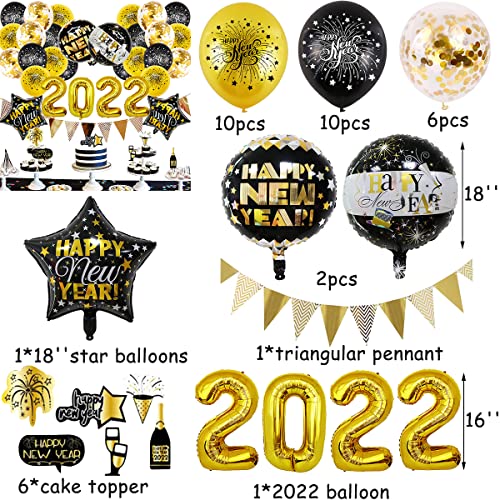 2022 Decoraciones de Año Nuevo -Tomicy 38 Pcs Suministros de Fiesta de Año Nuevo, Feliz Año Nuevo Banner Globos de Látex, Kit de Decoración de Fiesta Negro Dorado,para Año Nuevo, Fiesta de Graduación