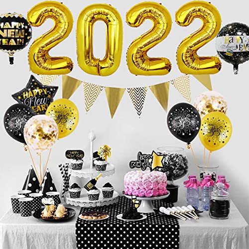 2022 Decoraciones de Año Nuevo -Tomicy 38 Pcs Suministros de Fiesta de Año Nuevo, Feliz Año Nuevo Banner Globos de Látex, Kit de Decoración de Fiesta Negro Dorado,para Año Nuevo, Fiesta de Graduación