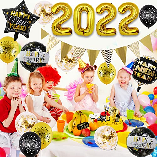 2022 Decoraciones de Año Nuevo -Tomicy 38 Pcs Suministros de Fiesta de Año Nuevo, Feliz Año Nuevo Banner Globos de Látex, Kit de Decoración de Fiesta Negro Dorado,para Año Nuevo, Fiesta de Graduación