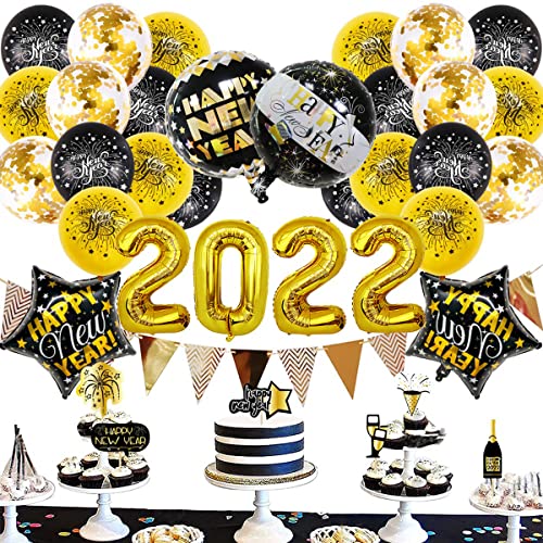 2022 Decoraciones de Año Nuevo -Tomicy 38 Pcs Suministros de Fiesta de Año Nuevo, Feliz Año Nuevo Banner Globos de Látex, Kit de Decoración de Fiesta Negro Dorado,para Año Nuevo, Fiesta de Graduación