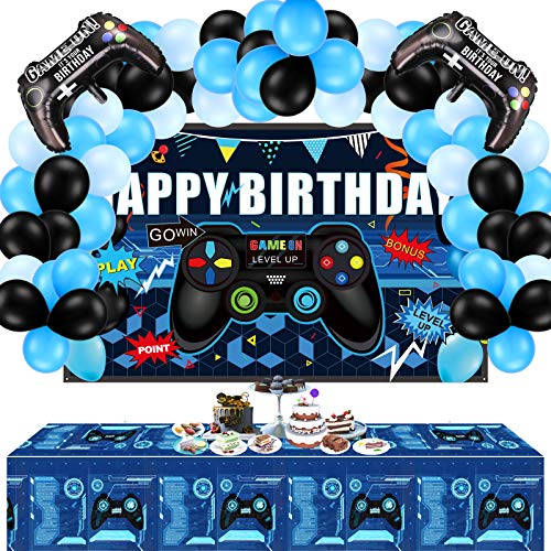 34 Suministros de Fiesta de Videojuegos Kit de Globos y Fondo de Juego de Happy Birthday Incluye Fondo de Videojuego, Funda de Mesa de Juego, Globos de Controlador para Cumpleaños de Tema de Juego