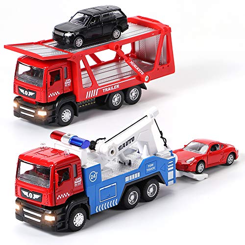 4 In 1 Camión Transportador de Coches Juguete Trailer Coche de Friccion con Luces y Sonido Vehículos Car Juguetes Regalo de Cumpleaños Niños 3 4 5 6-12 Años (1/50 Metal Aleación )