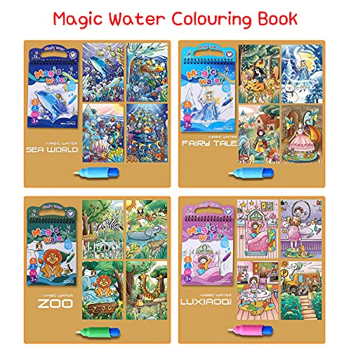 4 piezas libro de coloración mágico de agua, para niños, libro de dibujo reutilizable con juego de 4 bolígrafos, tablero de pintura para colorear juguetes de aprendizaje, folletos de agua maravilla