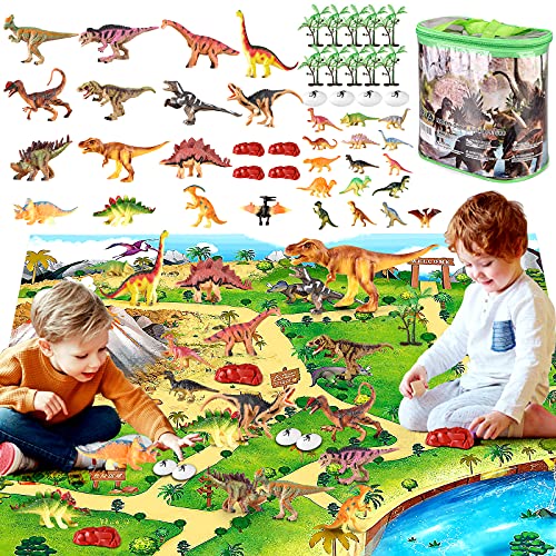 50 Piezas de Juguete de Dinosaurio con Tapete de Actividad Figuras de Dinosaurio Realistas para Crear un Mundo de Dinosaurios Que Incluyen T-Rex, árboles, Huevos de Dinosaurio para Niños y Niñas