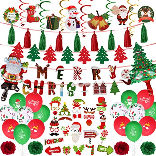 65PCS Set de Globos Navideños, Olggu Bubu Globos de Navidad Decoraciones de Fiesta Feliz Navidad Decoración Colgante Remolino Kit Navidad Banner Fiesta Accesorios para Fotos,Globo de Papel de Aluminio