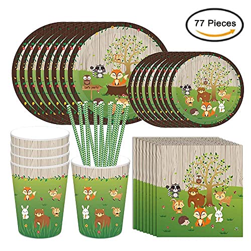 77 Piezas Juego Vajilla Animales, Juego Vajilla Fiesta, Decoración Vajilla Animales, Juego Vajilla Animales Fiesta, para Decoración de Mesa de Fiesta Temática de Cumpleaños para Niños