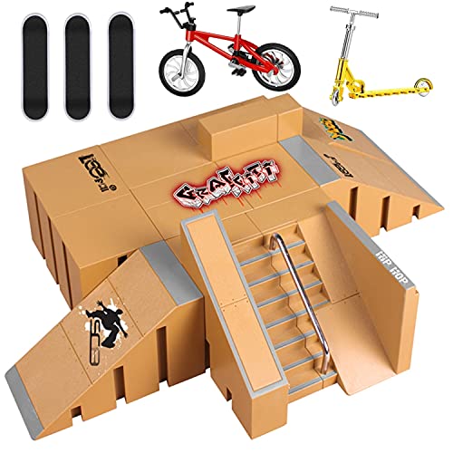 8PCS Skate Park Kit Finger Skateboard Ramp Set con 3 Mini Monopatines de Juguete para Dedos 1 Bicicleta de Dedo y 1 Finger Scooter Mini Juego de Juguetes para Dedos para Niños (A)