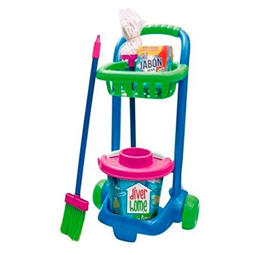 Acan Carro de Limpieza Infantil de Juguete con Accesorios 57 x 31 x 20 cm, plástico Resistente, Cubo, fregona, Escoba, Barrer, Fregar, Regalo para niños, Color y diseño Aleatorio