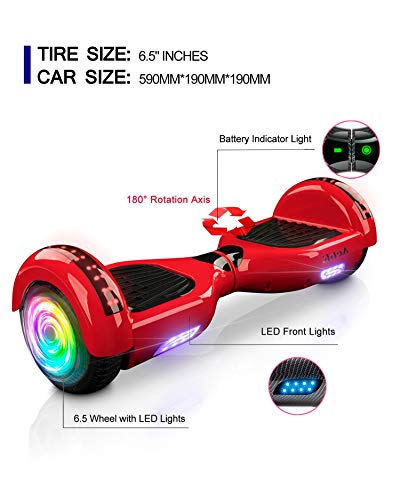 ACBK - Hoverboard Patinete Eléctrico Autoequilibrio con Ruedas de 6.5" (Altavoces Bluetooth + Ruedas Led integradas + Bolsa Transporte) Velocidad máxima: 10-12 km/h - Autonomía 10-12 km (Rojo)