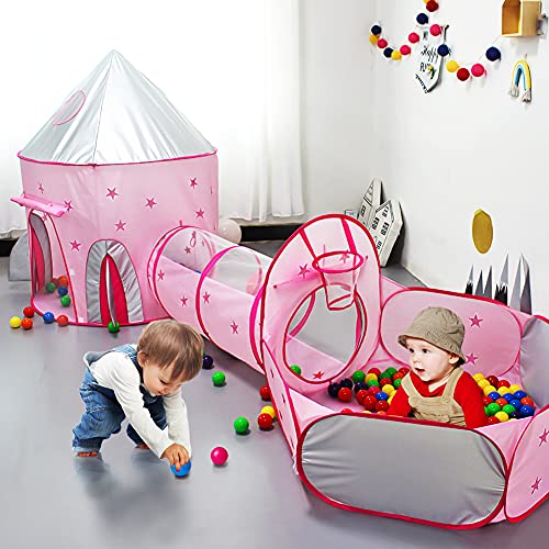 Achort 3 en 1 Tienda Campaña Infantil, Piscina de Bolas + Casita Infantil + Tunel Infantil: Plegable Parque Bebe Bolas Infantil Jardín Exterior Interior Juguetes Niños Niñas Bebes Casitas Tela, Rosa