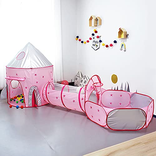 Achort 3 en 1 Tienda Campaña Infantil, Piscina de Bolas + Casita Infantil + Tunel Infantil: Plegable Parque Bebe Bolas Infantil Jardín Exterior Interior Juguetes Niños Niñas Bebes Casitas Tela, Rosa