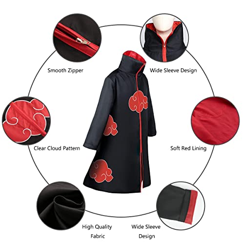 ACWOO Capa De Akatsuki Itachi, 9PCS Set Disfraz de Itachi Uchiha Cosplay, Abrigo Akatsuki con Diadema Accesorios Traje, Disfraz de Carnaval para adulto y niños, unisex, Halloween, Navidad, fiesta(XL)