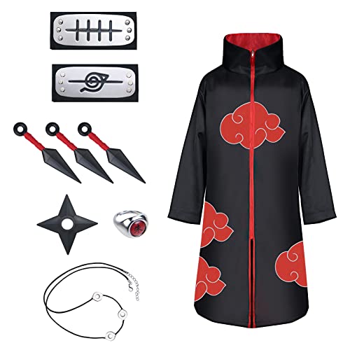 ACWOO Capa De Akatsuki Itachi, 9PCS Set Disfraz de Itachi Uchiha Cosplay, Abrigo Akatsuki con Diadema Accesorios Traje, Disfraz de Carnaval para adulto y niños, unisex, Halloween, Navidad, fiesta(XL)