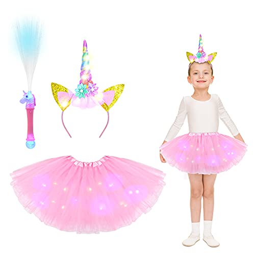 ACWOO Disfraz de Unicornio Niña, LED Falda de tutú Con Diadema de Unicornio y Barra Luminosa, Unicornio Disfraz de Princesa Falda de tutú de tul ​para Halloween Carnaval Fiesta