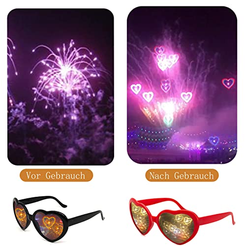 ADEKEKM Gafas Corazon con Caja, Gafas Divertidas para Adultos y Niños, Gafas con Efecto de Corazon Para Fiestas De Música Al Aire Libre Bares Fuegos, Rojo, Vasos cuadrados