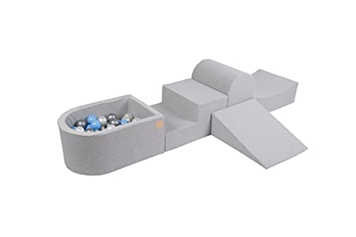 Aire de juego en la casa, parque infantil modulable rutas de motricidad, rutas de obstáculos de espuma con piscina de bolas (5 elementos + 100 bolas) gris: bolas plateadas / azules / blancas