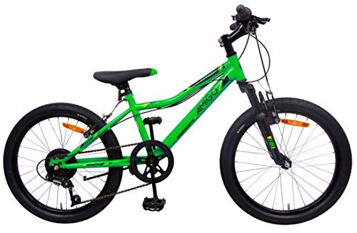 Amigo Attack - Bicicleta Infantil de 20 Pulgadas - para niños de 5 a 9 años - con V-Brakes, 6 velocidades, Timbre y estándar - Verde