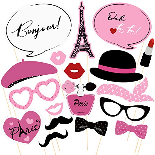 Amosfun 18PCS Paris Photo Booth Props Kit Tema francés Photo Booth Props Ooh La La Paris Favores de Fiesta para cumpleaños Boda Baby Shower Fiesta Decoración Suministros