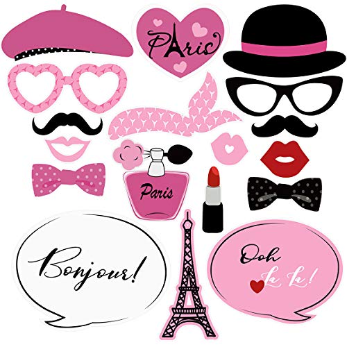 Amosfun 18PCS Paris Photo Booth Props Kit Tema francés Photo Booth Props Ooh La La Paris Favores de Fiesta para cumpleaños Boda Baby Shower Fiesta Decoración Suministros