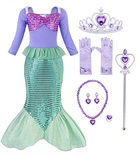 AmzBarley Disfraz Sirena Sirenita Niña Cumpleaños Princesa Vestido Ropa Niña Accesorios Boda Fiesta Cosplay Halloween Navidad Carnaval Bautizo 2-3 Años