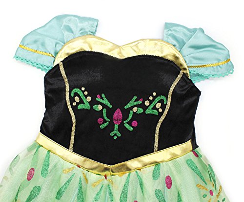 AmzBarley Niña Princesa Anna Coronación Vestido Disfraz Niño Cumpleaños Fiesta Cosplay Carnaval Cosplay Halloween Ceremonia Traje Verde 7-8 Años 130